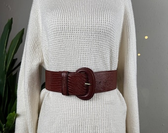 Vintage 90s Dark Academia Brown Lizard Embossed Wide Leather Belt Small
