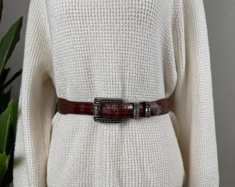 Vintage Equestrian Croc Embossed Calfskin Vicenza Sport Brown Belt Womens 28