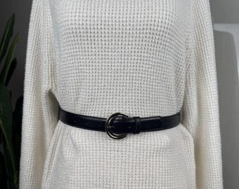 Quiet Luxury Old Money VTG Black Leather Belt Two Tone Gold Silver Buckle Sz M