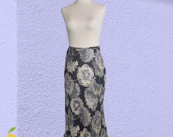 Vintage Y2K Black Silk Abstract Floral Flared Midi Skirt Indie Grunge Fairy 2P