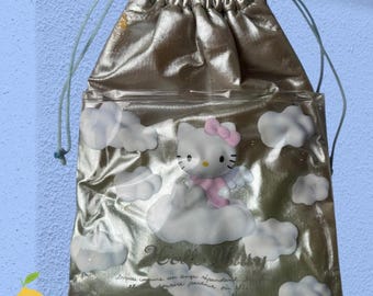 Rare Vintage 1998 Sanrio Hello Kitty Plush Metallic Silver Drawstring Tote Bag