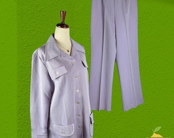 Conjunto vintage a juego para mujer, talla M, túnica y pantalón acanalados color lavanda, 2 piezas, estilo retro de los años 70, elástico.