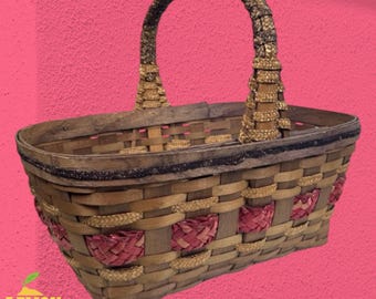 Vintage Woven Basket With Handle, Primitive Wood Splint Basket, Farmhouse Market Basket, Rustic Storage Decor, Red Accent Wicker Basket