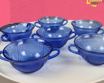 Hazel Atlas Cobalt Blue Royal Lace Cream Soup Bowls Set of 6 Vintage Depression Glass 1930s Handled Bowls