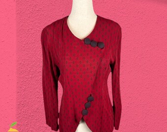 Vintage 1970s Women's Red and Black Kimono Style Button Blouse Size 8