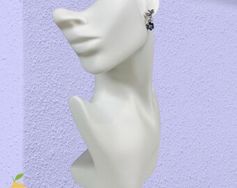 Vintage Y2K Purple Crystal Flower Drop Earrings With Leaf Design, 1” Dangling Rhinestone Cluster
