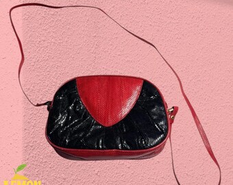 Vintage 1980s R. Soldaña Manila Red Black Snakeskin Crossbody Purse