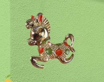 Vintage Gold Tone Enamel Whimsical 1” Horse Brooch Pin Red and Green Christmas