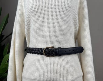 Vintage Minimalist Preppy Equestrian Gorbani Braided Black Leather Belt Women L