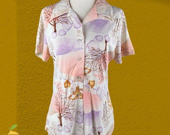 Blusa Judy Bond para mujer, talla 16, color morado pastel, melocotón, estampado vintage de paisaje retro.