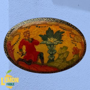 Broche vintage de laca rusa Mstera, Danila el Artesano, firmada por Pavlova