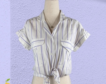 Camisa retro de verano de los 90, a rayas, con botones, para mujer, color morado y blanco, talla M, vintage.
