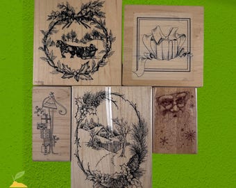 Vintage 90s Christmas Cottagecore PSX American Art Stamp Bundle Wood Block 5pc