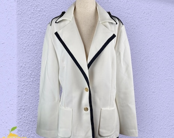 Blazer vintage de punto Bodin para mujer, talla 16, blanco, azul marino, ribete, botones dorados.