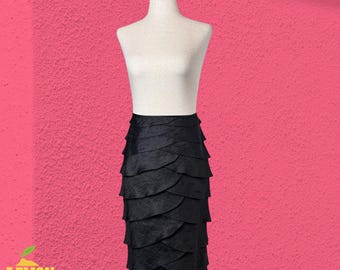 Gonna a balze nera vintage Victor Costa taglia 10 Dark Couture Avant-Garde Luxury