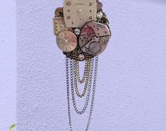 Handmade Steampunk Watch Parts Brooch – Vintage Clocks, Chains, Art Pin