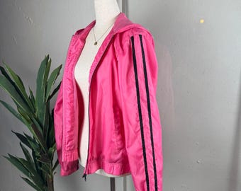 Barbiecore Sporty Vintage 90s Windbreaker Hot Pink Hooded Stripe Jacket Small