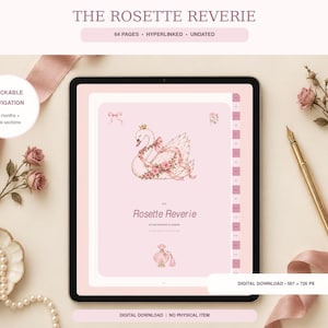 Könnte beinhalten: Ein digitaler Planer mit dem Titel The Rosette Reverie auf einem Tablet-Bildschirm. Das Cover zeigt einen Schwan mit Krone und Schleifen, eine Parfümflasche und Text. Die Benutzeroberfläche enthält anklickbare Navigationsregisterkarten.