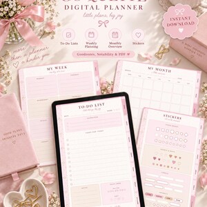 Coquette Digital Planner | Undated Weekly Monthly Planner, To Do List, Goals, Routines, Thoughts, Digital Stickers