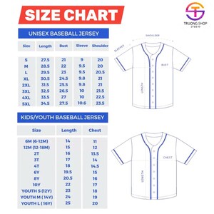 The image is a size chart for a baseball jersey, providing measurements for different age groups and sizes.