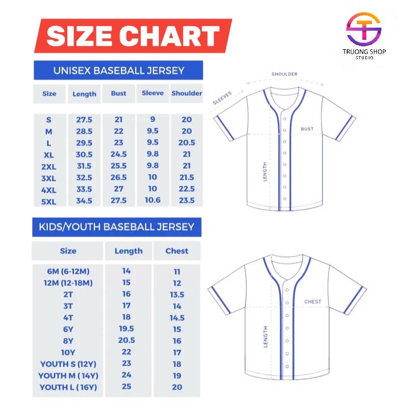The image is a size chart for a baseball jersey, providing measurements for different age groups and sizes.