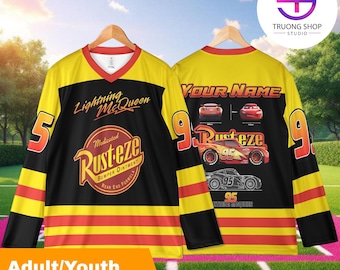Personalized Lightning McQueen Hockey Jersey, Custom Disney Cars Team Shirt, Pixar Ice Hockey Fan Gift