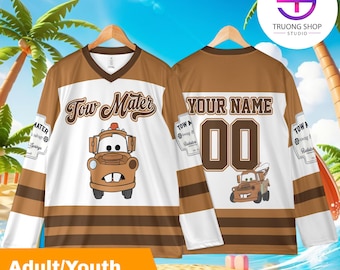 Personalized Tow Mater Hockey Jersey, Custom Disney Cars Cartoon Team Shirt, Matching Family Vacation Fan Gift