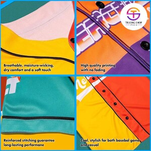 The image is a collage of four photos showcasing different features of a sports uniform, including breathability, moisture-wicking, high quality printing, reinforced stitching, and a cool, stylish design for both baseball games and casual wear.
