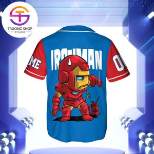 A blue and red jersey with a cartoon image of a superhero character, likely Iron Man, on the back.