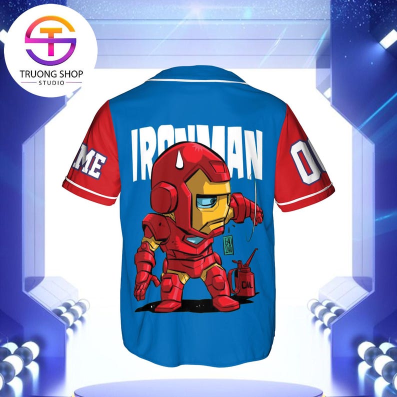 A blue and red jersey with a cartoon image of a superhero character, likely Iron Man, on the back.