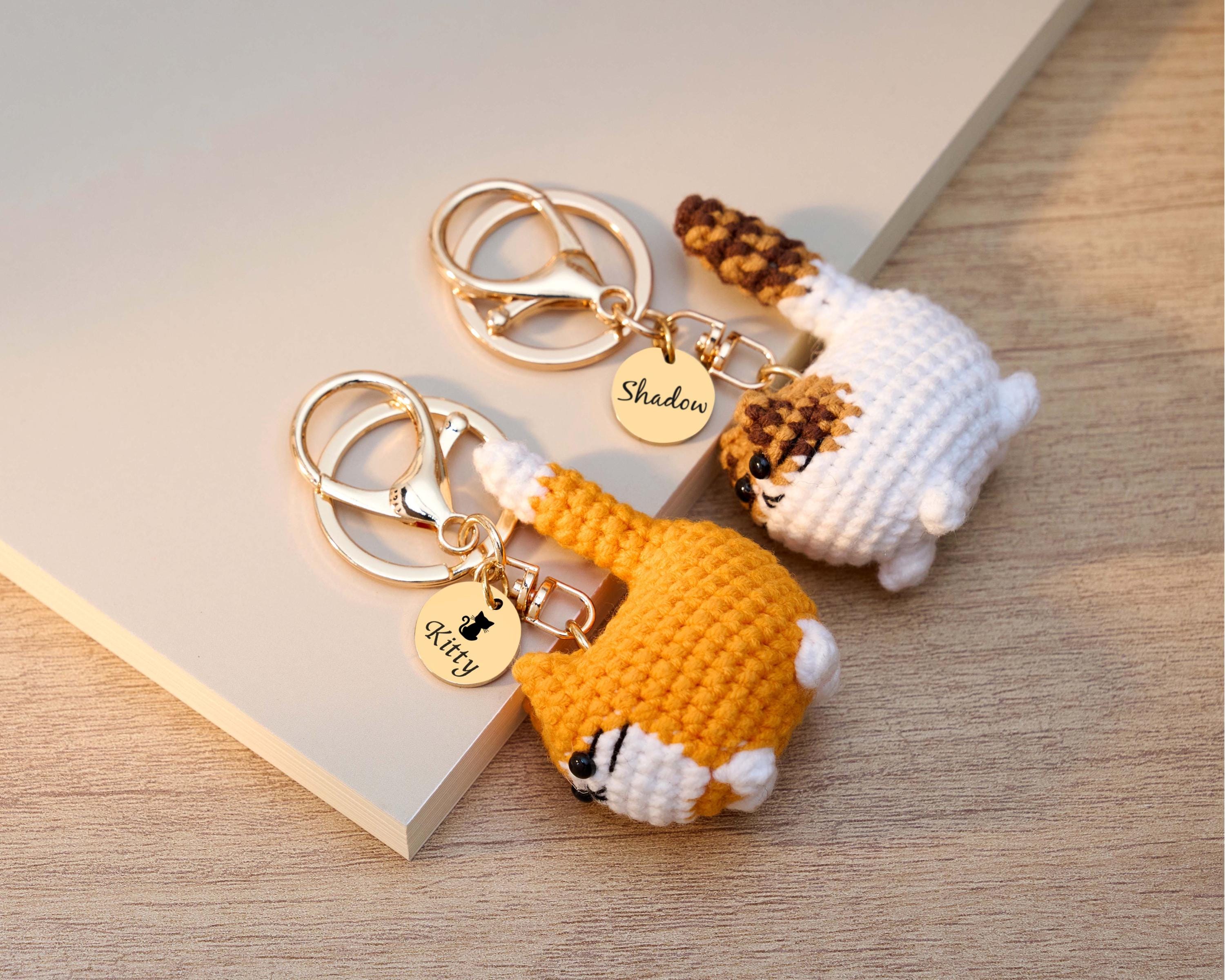Custom Crochet Cat Keychain With Engraved Tag, Personalized Kitty ...