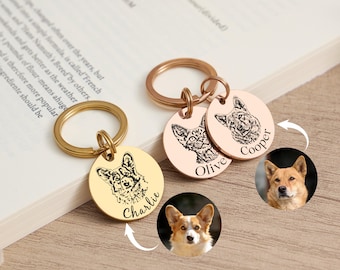 Pet Photo Engraved Keychain, Custom Dog Cat Portrait Tag, Personalized Stainless Steel Keyring, Gift for Pet Owners