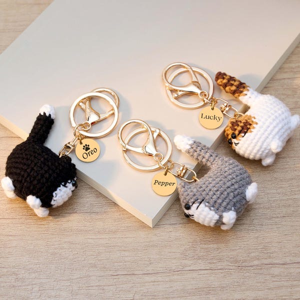 Custom Name Crochet Cat Keychain, Personalized Kitty Bag Charm, Handmade Plush Pendant