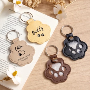 May include: A collection of paw-shaped keychains in various colors: tan, yellow, brown, and black. Each keychain features a silver keyring and is personalized with names and dates. One keychain reads "Buddy" with paw prints, another reads "Chloe" with a heart.