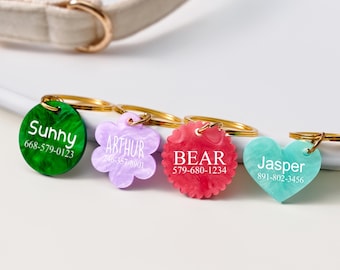 May include: Four pet ID tags with gold rings. A green circle with 'Sunny 668-579-0123', a lavender flower with 'ARTHUR 246-357-8901', a red scalloped circle with 'BEAR 579-680-1234', and a light blue heart with 'Jasper 891-802-3456'.