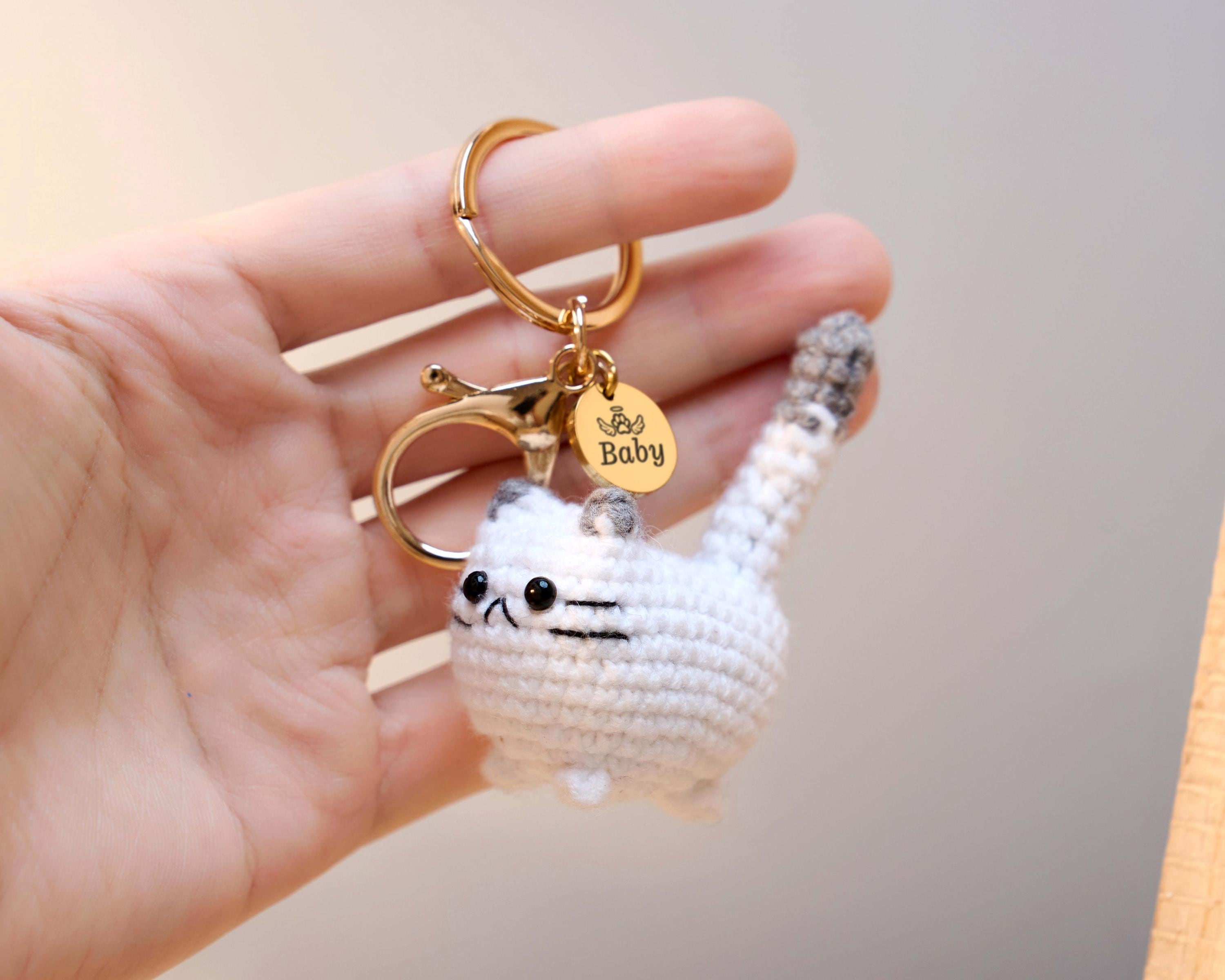 Custom Crochet Cat Keychain With Engraved Tag, Personalized Kitty ...