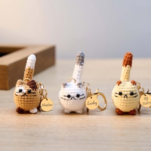 May include: Three handmade crochet cat keychains in brown, white, and yellow. Each cat has a gold-colored keychain ring and a small tag with a name. The cats have black embroidered facial features and upright tails.