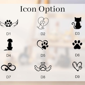 May include: A selection of pet-themed icon options, including a winged paw print, a dog and heart, a cat silhouette, a dog silhouette, a paw print within a heart, a paw print, an infinity symbol with a paw print, a paw print with wings and an angel halo, and a heart with a paw print.