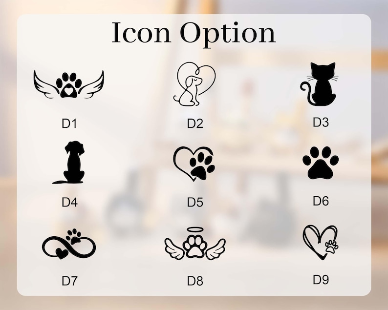 May include: A selection of pet-themed icon options, including a winged paw print, a dog and heart, a cat silhouette, a dog silhouette, a paw print within a heart, a paw print, an infinity symbol with a paw print, a paw print with wings and an angel halo, and a heart with a paw print.