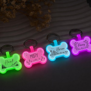 May include: Four bone-shaped pet ID tags with glowing edges in neon green, pink, blue, and purple. Each tag features a metal ring and black engraved designs: Hank with mountains, Misty with a moon and trees, Bruno with a barn, and Penny with flowers.