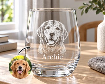 Custom Pet Portrait Wine Glass from Photo, Personalized Stemless Glass with Dog or Cat Name, Thoughtful Gift for Pet Lovers