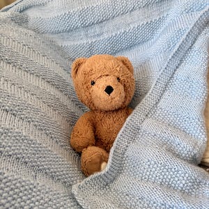 以下が含まれることがあります： 薄い青色のニットベビーブランケットと茶色のテディベア。 ブランケットはテクスチャパターンがあり、テディベアの上に折りたたまれています。 テディベアは黒い鼻をしており、柔らかく豪華な素材で作られています。
