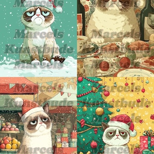Könnte beinhalten: Ein vierteiliges Bild mit einer grummeligen Katze mit Weihnachtsmütze in verschiedenen Weihnachtsszenen. Die Katze ist im Schnee, an einem festlichen Tisch, auf einem Markt und in der Nähe eines Weihnachtsbaums zu sehen. Der Text "Marcels Kunstbude" ist sichtbar.
