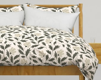 Floral Duvet Cover in Forest Green and Cream  —  100% Cotton Sateen Bedding for English Country Farmhouse Bedroom