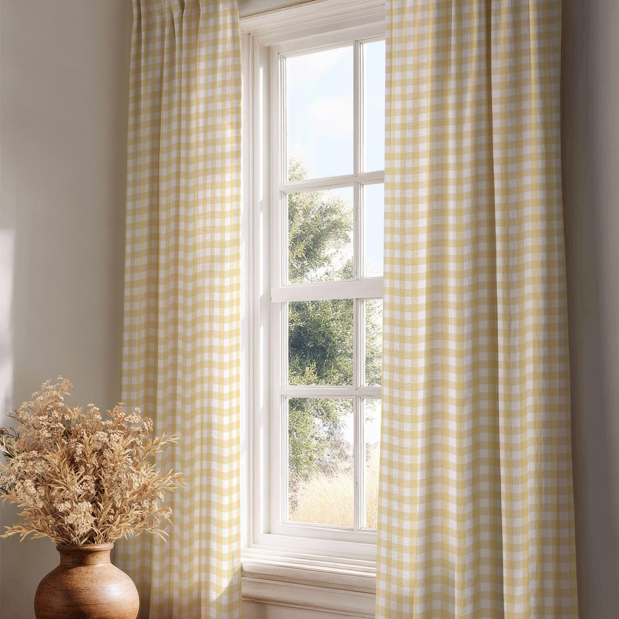 Classic Gingham Curtains — Butter Yellow French Country Curtain Panels