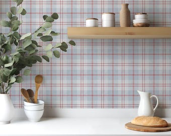 Wallpaper Classic Plaid Modern Farmhouse in Light Blue, Red, and White – Removable Peel & Stick / Pre-Pasted, Traditional Non-Pasted
