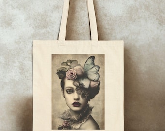 Vintage Floral Portrait Tote Bag: Surreal Cotton Canvas Bag
