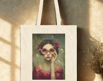 Whimsical Art Cotton Canvas Tote Bag, Woman with Pink Accents