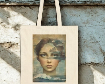Vintage Oceanic Portrait Tote Bag: Artistic Cotton Canvas Shopping Bag