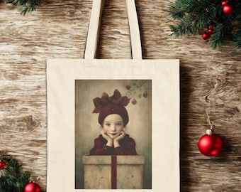 Vintage Christmas Girl Portrait Tote Bag, Holiday Canvas Carryall